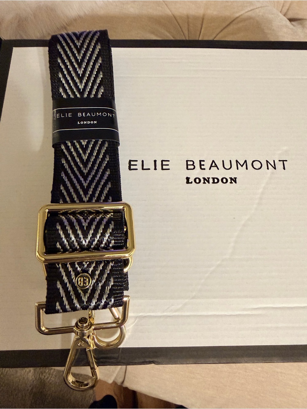 Elie Beaumont chevron Black & Silver Webbing crossbody Strap with Gold Hardware
